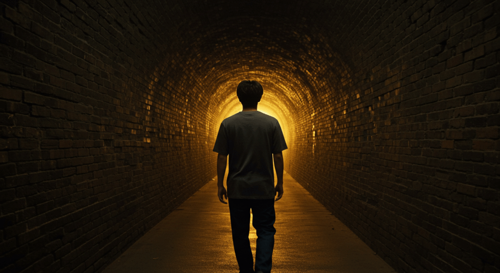 トンネルの出口に向かう男性