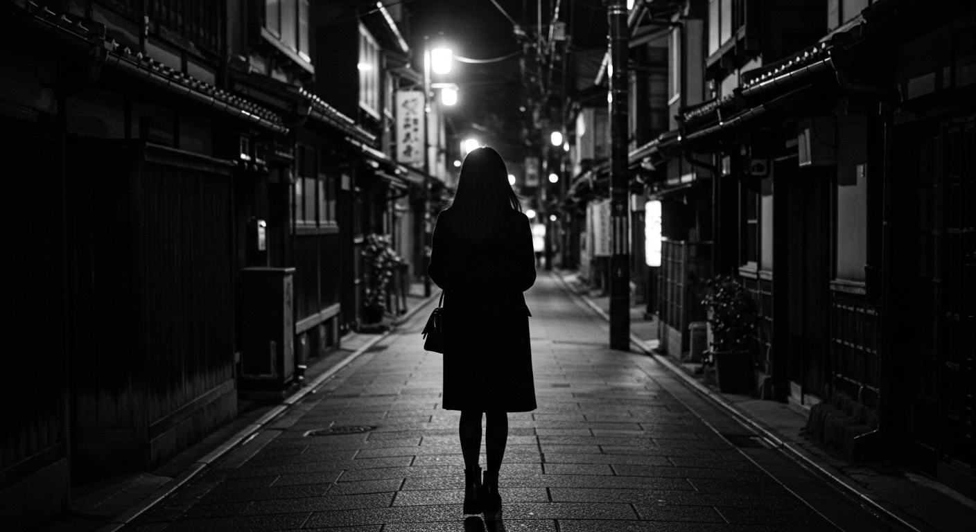 一人で暗い道を歩く女性の背中