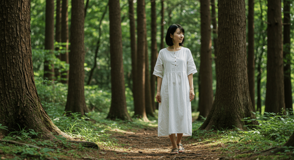 森林浴をする女性