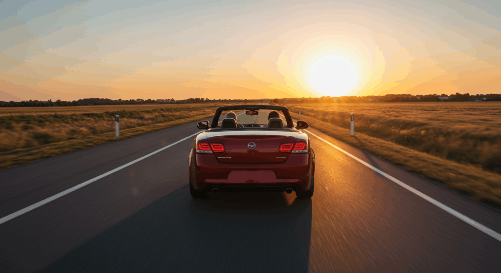 夕日に向かって走る車