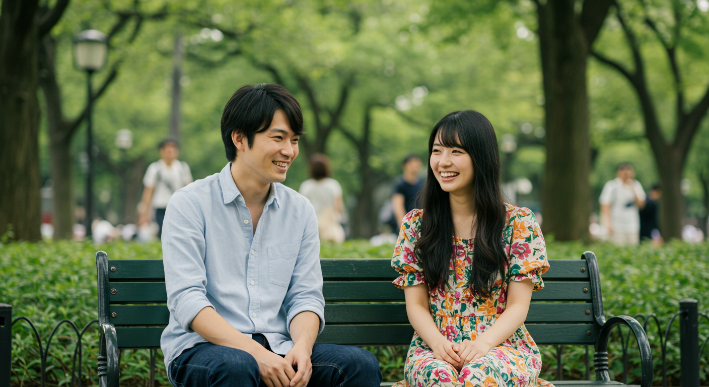 公園のベンチで話す男女