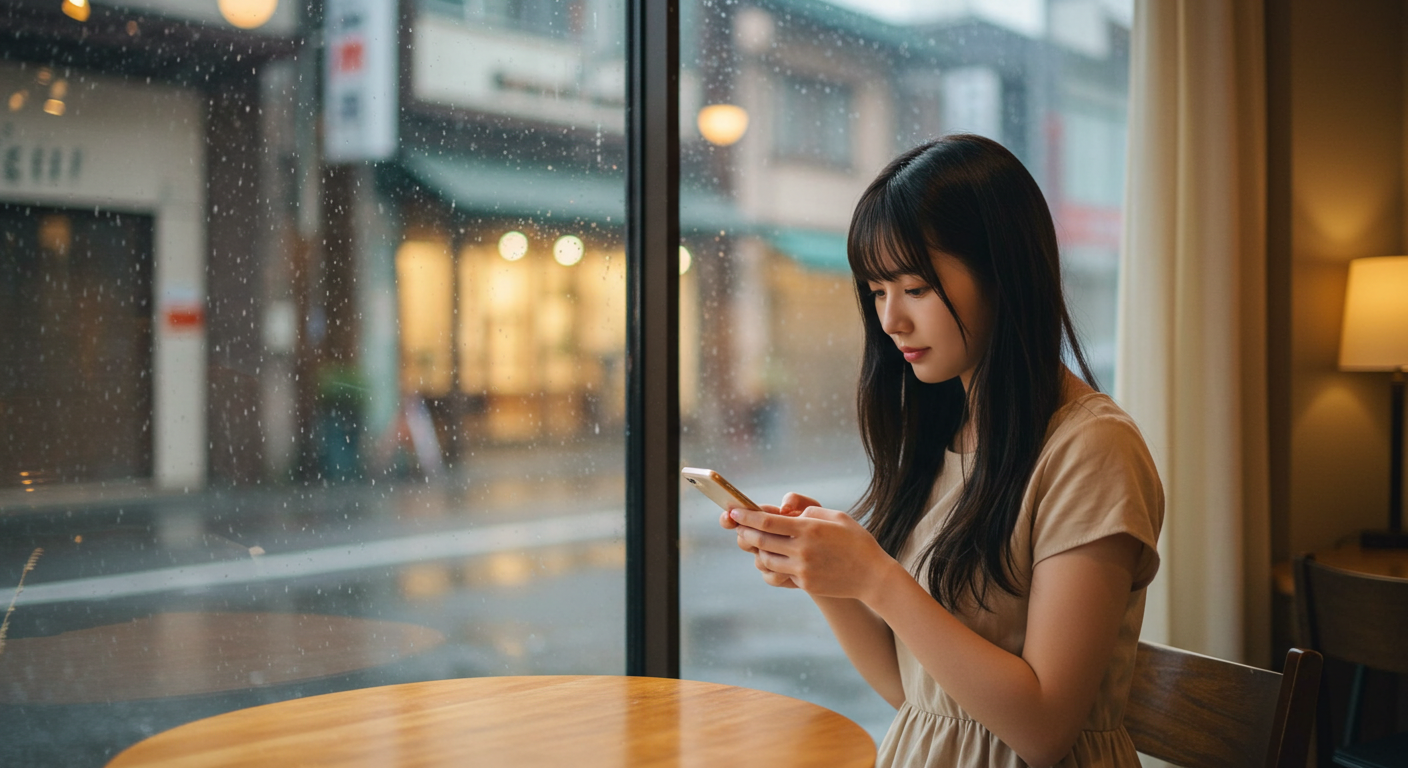 うつむいてスマホを見ている女性