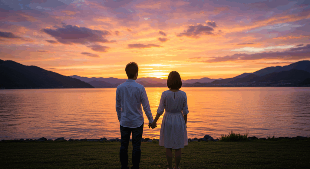 手をつないでいる夫婦の後ろ姿