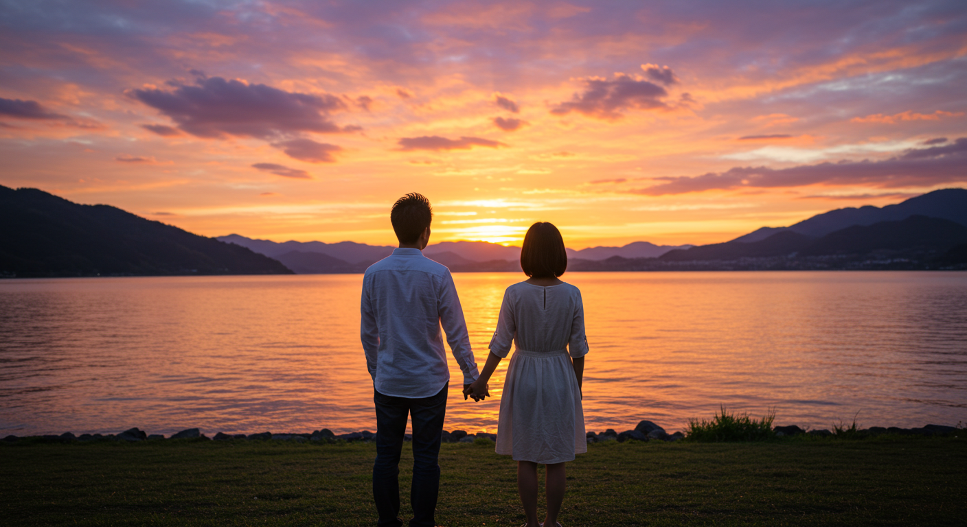 手をつないでいる夫婦の後ろ姿
