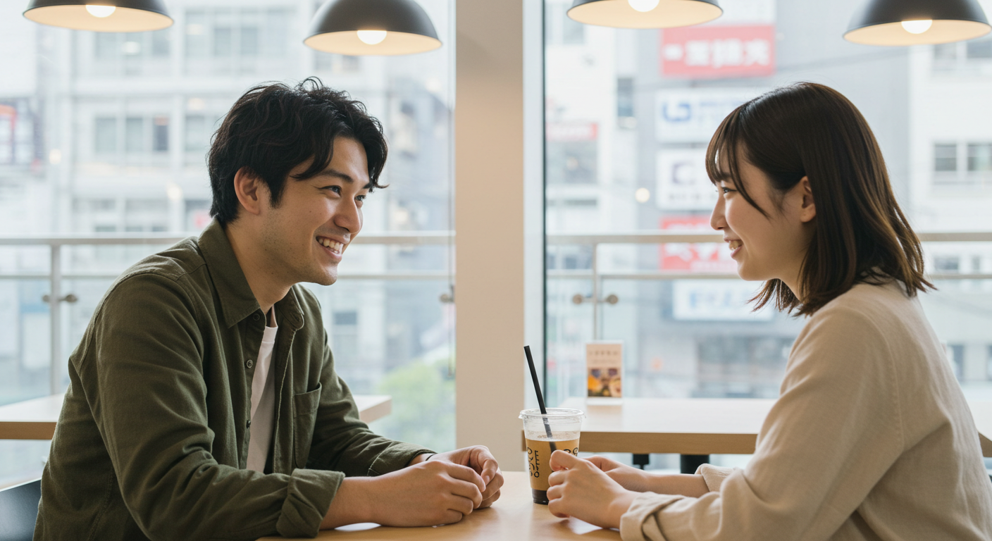 カフェで会話する男女