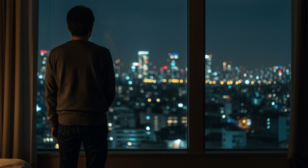 窓の外を眺める男性の後ろ姿