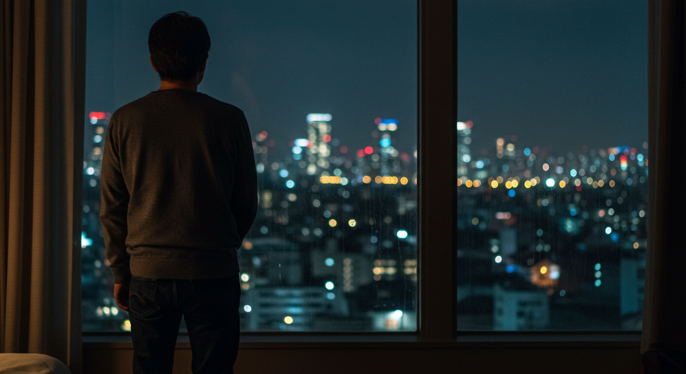 窓の外を眺める男性の後ろ姿
