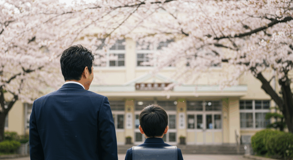校門の前に立つ親子