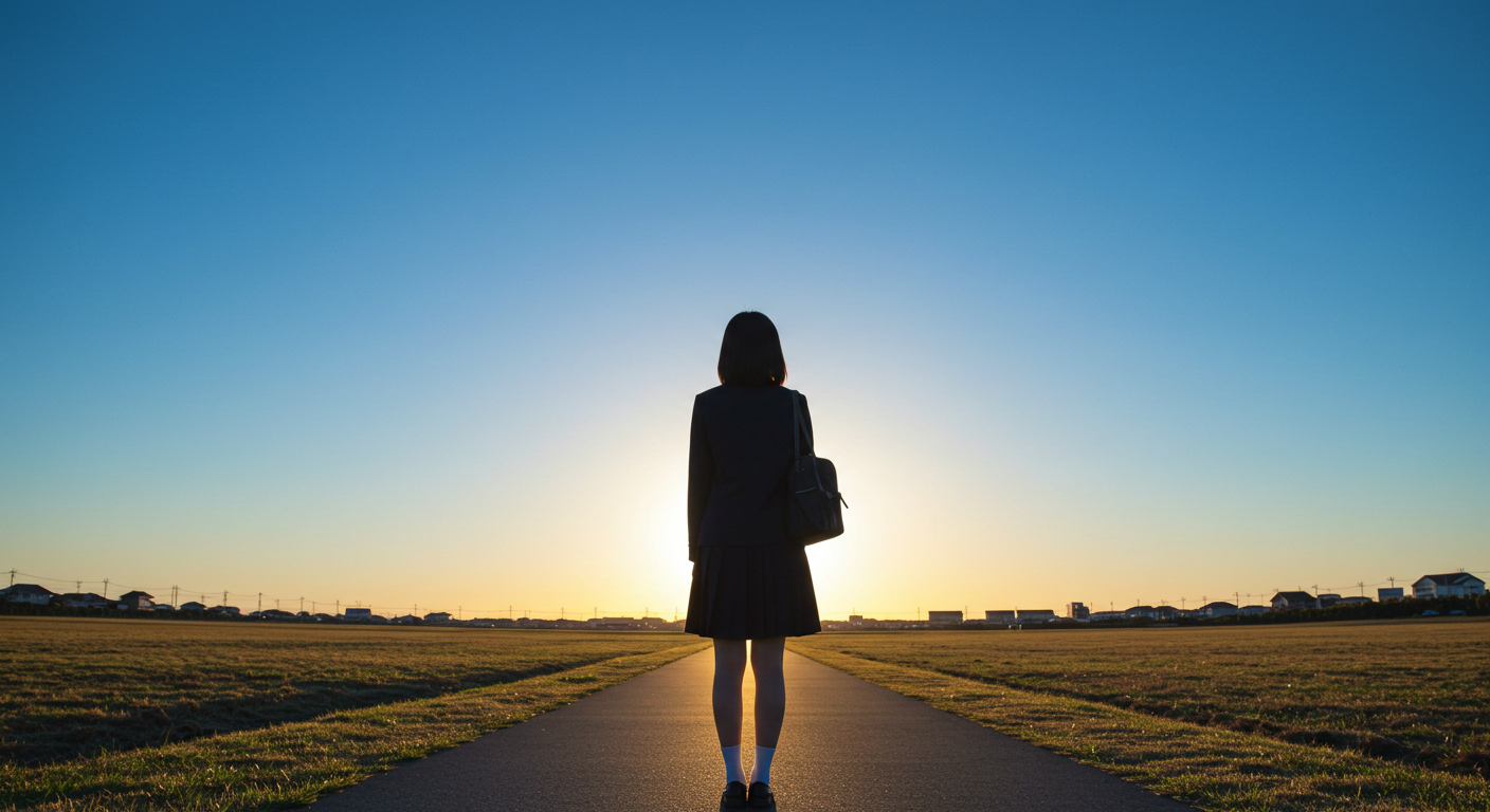 朝日を見つめている高校生