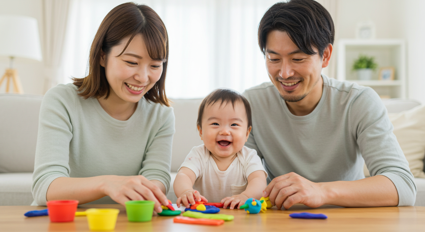 赤ちゃんと遊んでいる両親