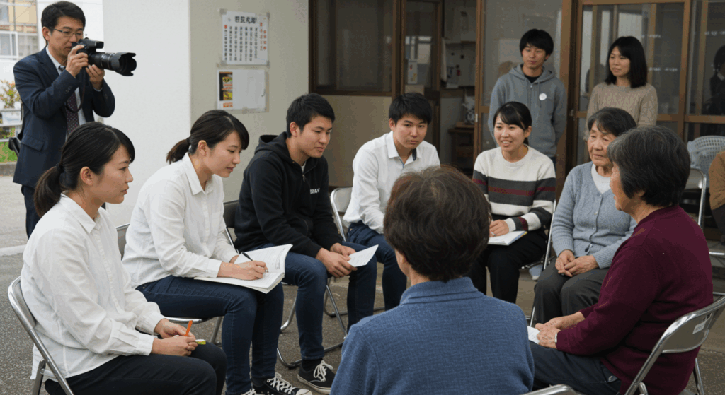 住民の意見を聞く若者