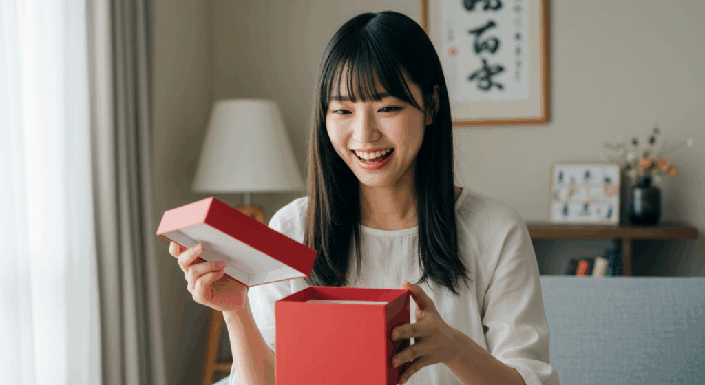 プレゼントを開ける女性