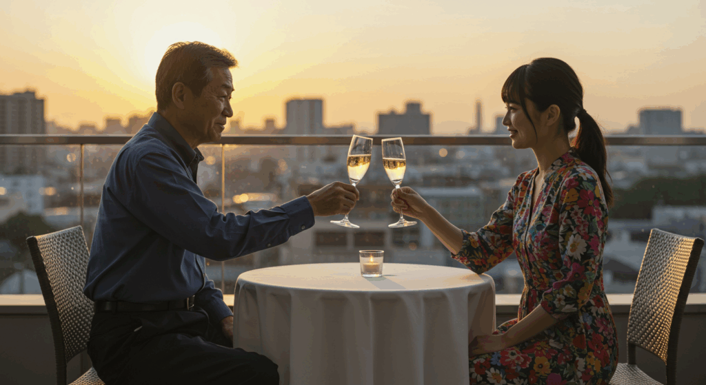 年上男性と年下女性が乾杯している