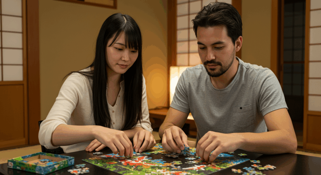 ジグソーパズルをするカップル