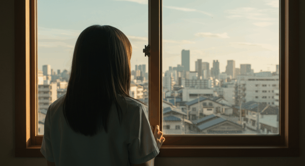 窓の外を見つめる学生