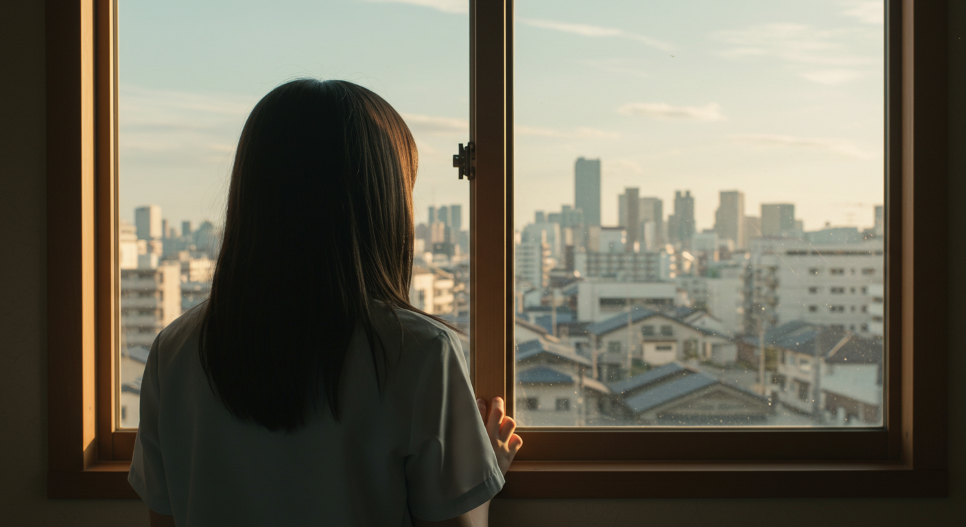 窓の外を見つめる学生