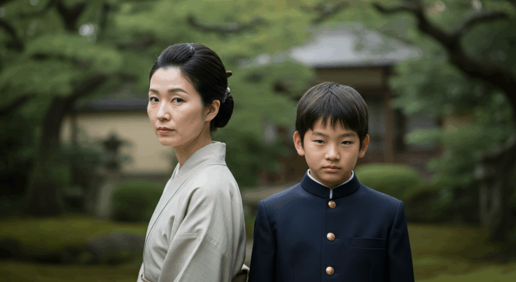 表情のこわばった日本人親子