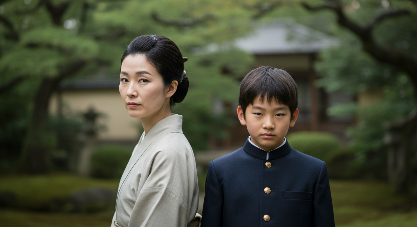 表情のこわばった日本人親子