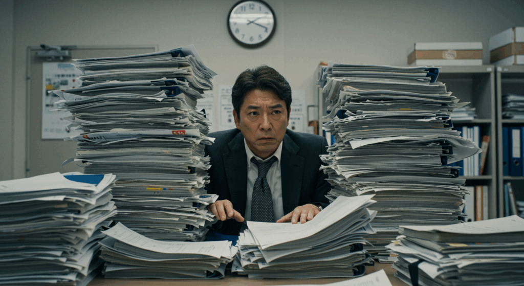 書類の山に押しつぶされている人