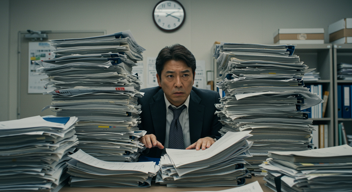 書類の山に押しつぶされている人