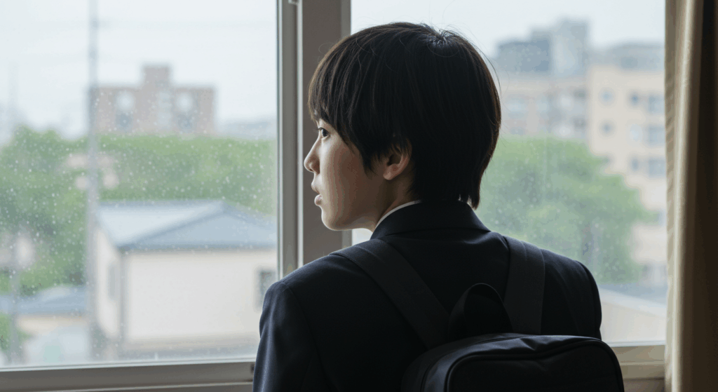 窓の外を見つめる学生