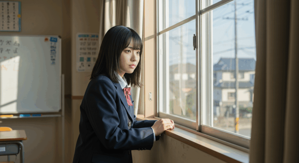 学校の窓から外を眺める高校生