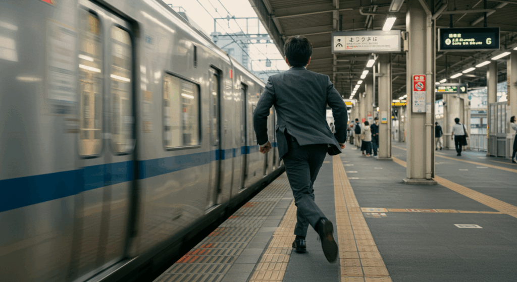 電車に慌てて乗り込む人