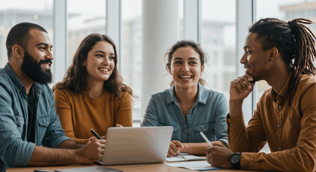 多様な人々と話し合う様子