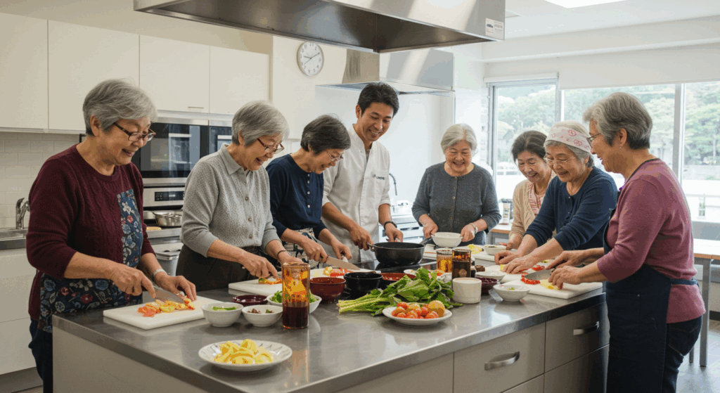料理教室で楽しんでいるシニア