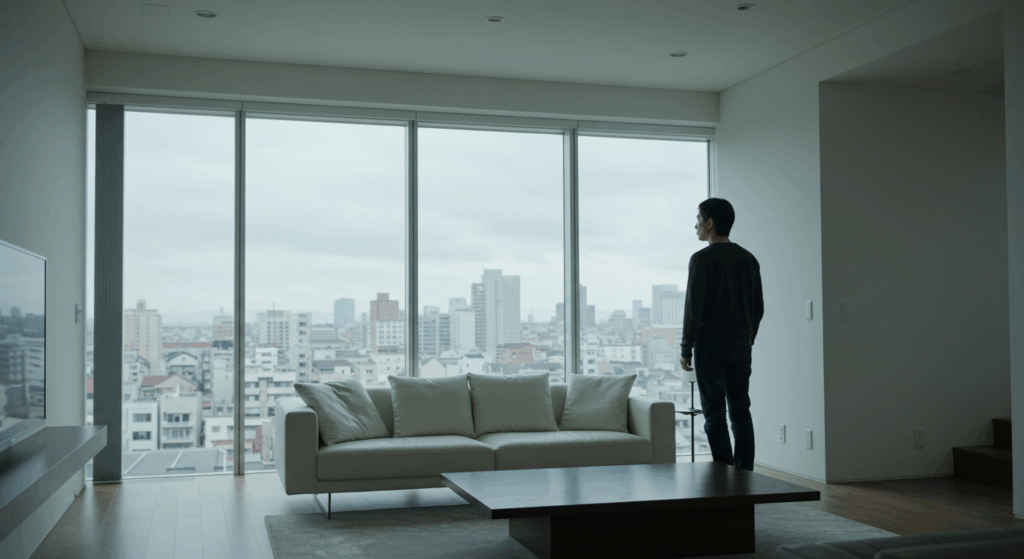窓から外を眺める人