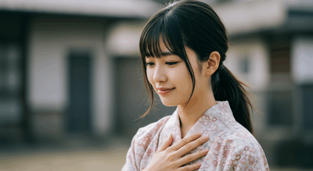 胸に手を当てる女性