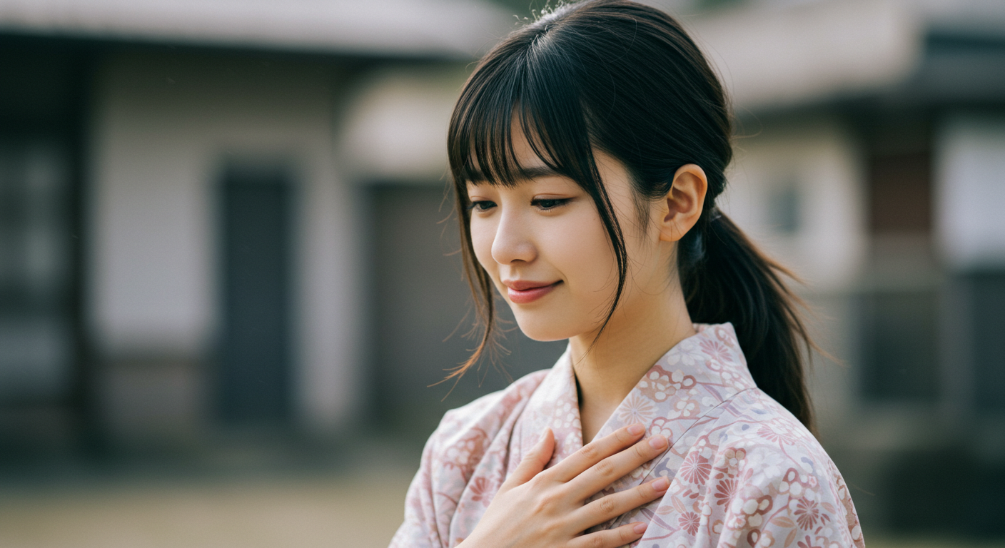 胸に手を当てる女性