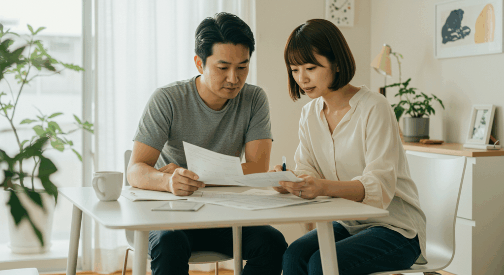 家計簿を見つめる夫婦