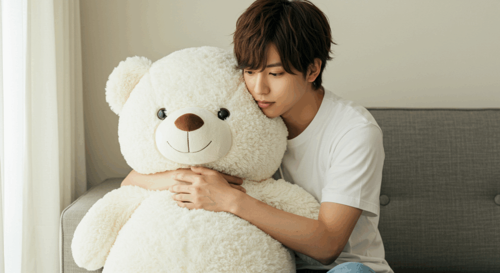 ぬいぐるみを抱く男性