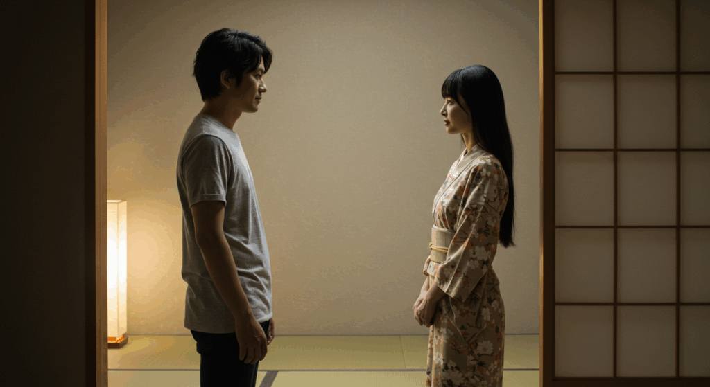 離れて見つめ合っている男女