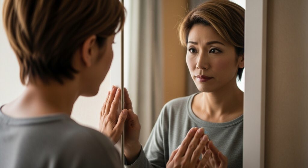 鏡の前に立つ人