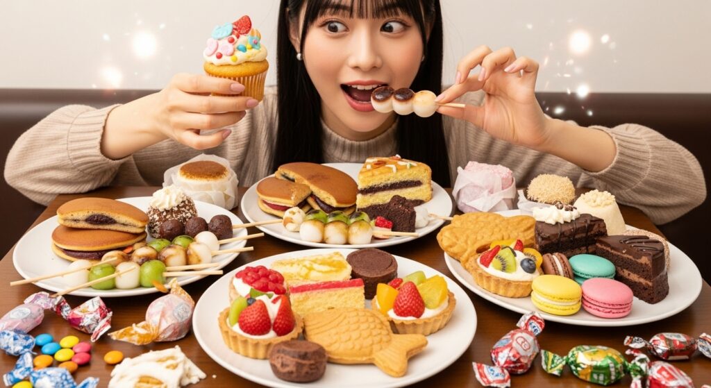 大量のお菓子を食べている