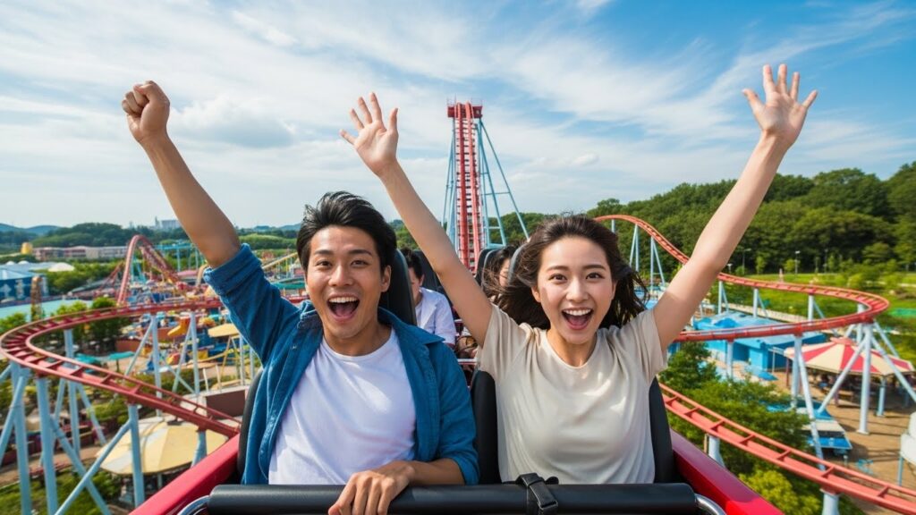 ジェットコースターに乗るカップル