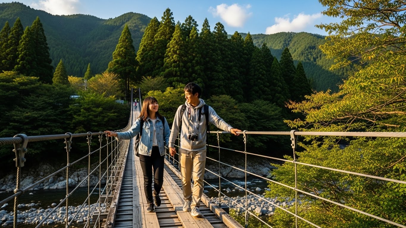 吊り橋を渡るカップル