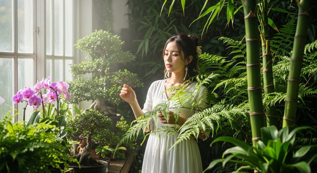 観葉植物に囲まれる人