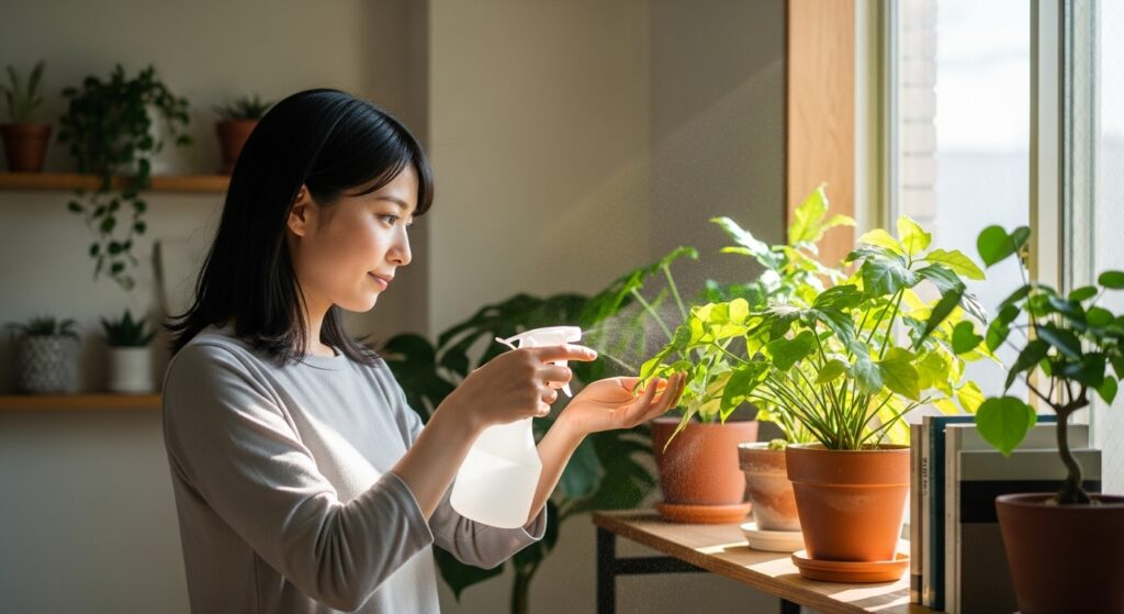 観葉植物に水をあたえる人
