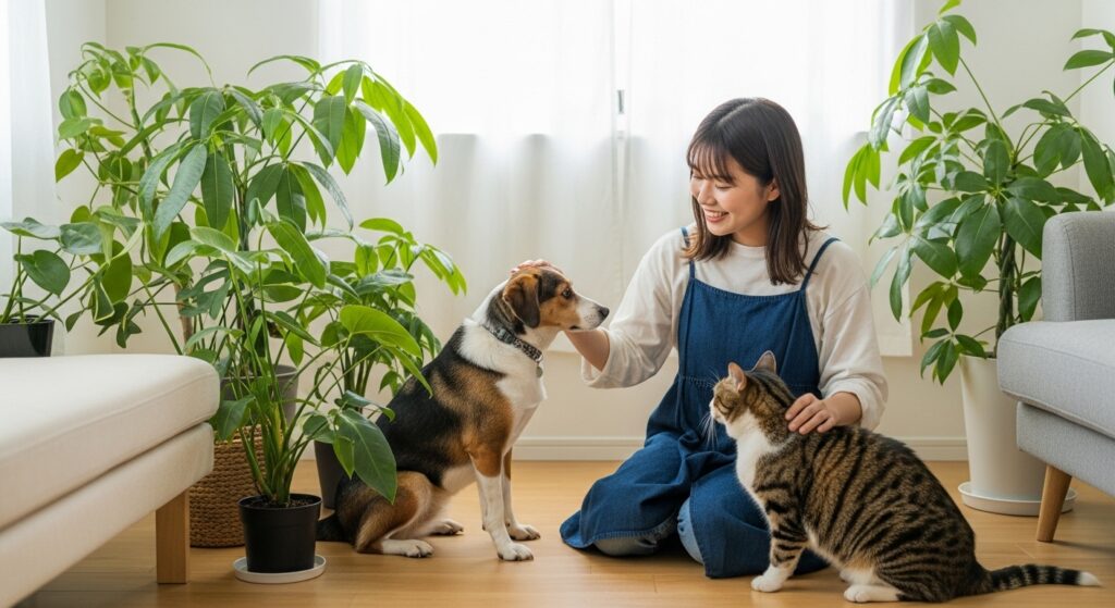 動植物に囲まれる人