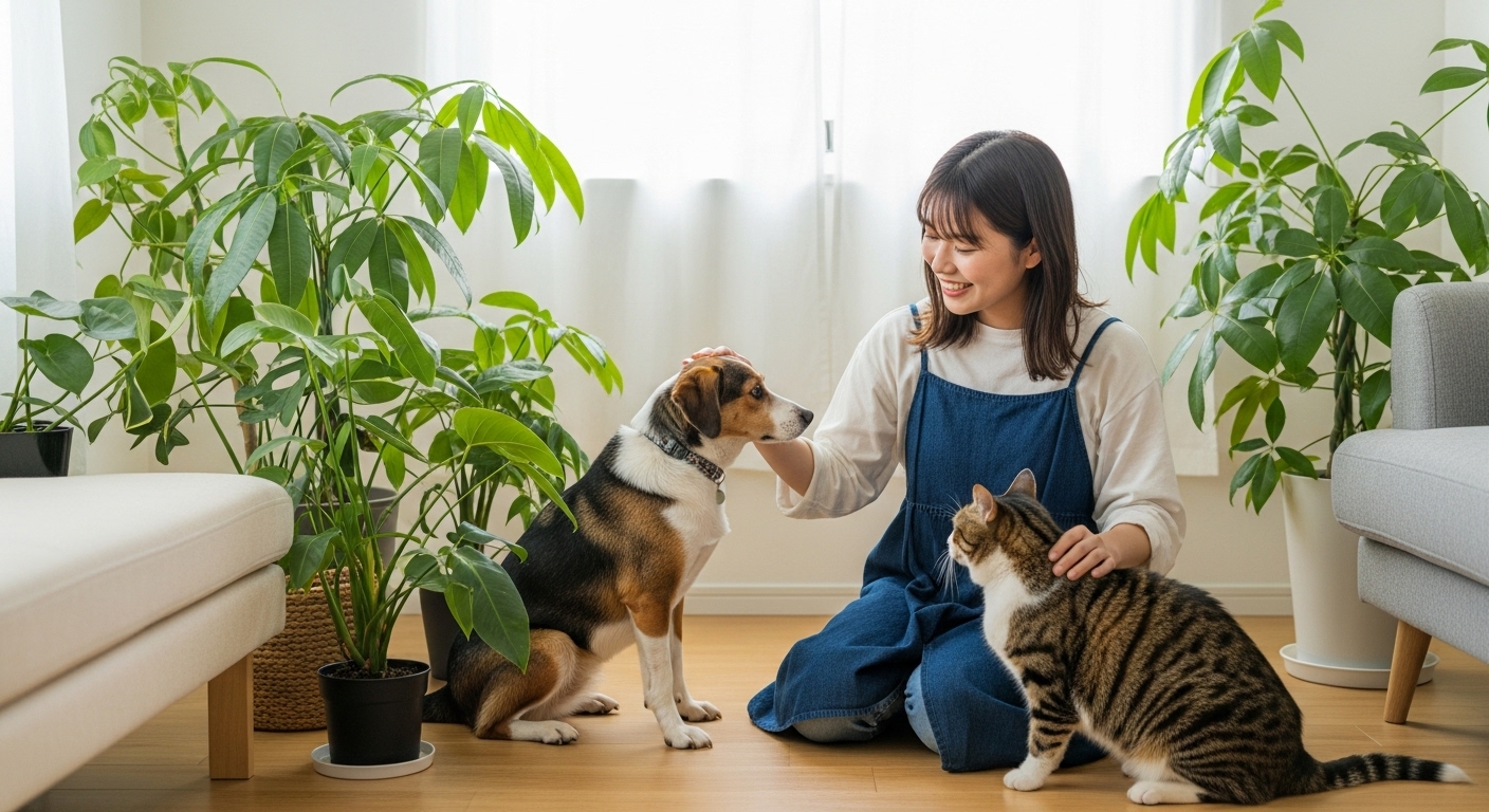 動植物に囲まれている人