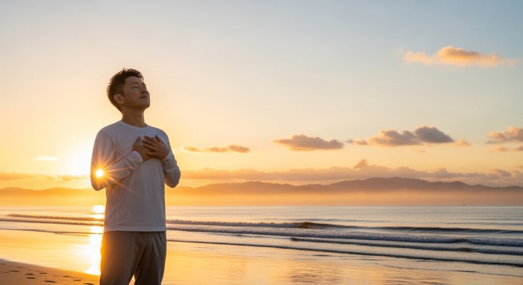 朝日を浴びて深呼吸する人