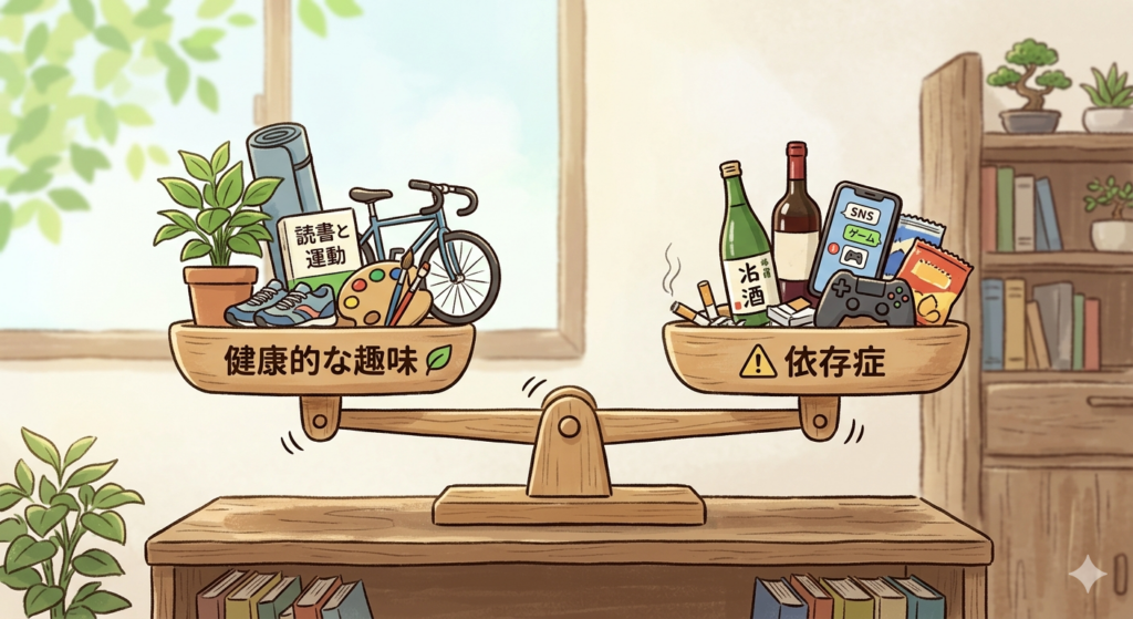 健康的な趣味と依存症のイメージ図