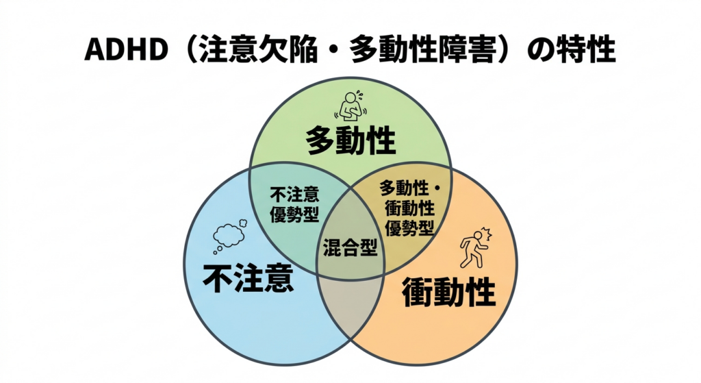 多動性、不注意、衝動性の図