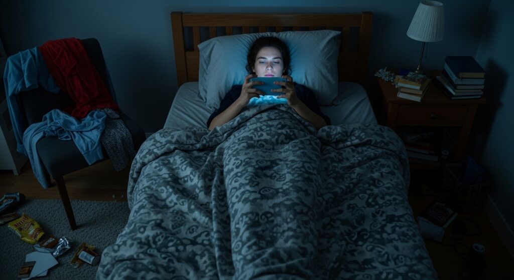 布団の中でゲームをする人