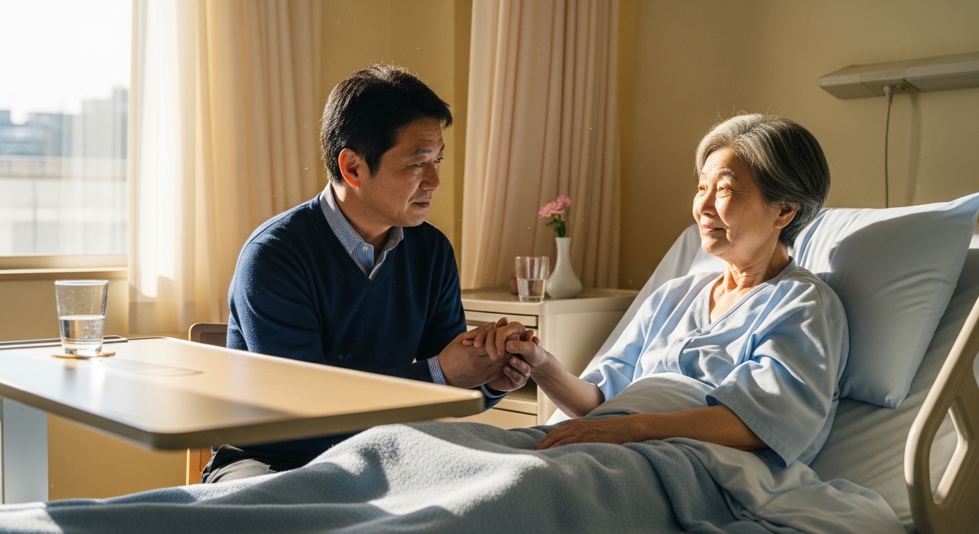 病室で触れ合う人