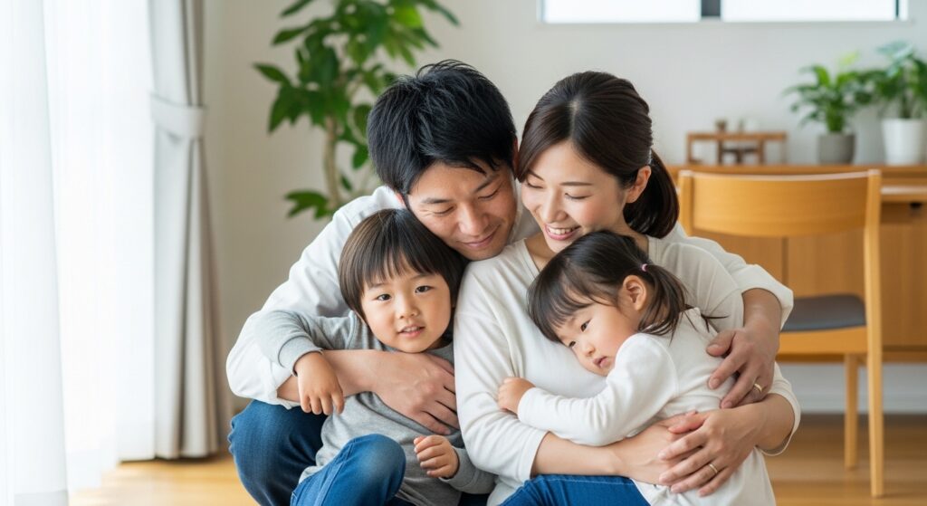 親子が抱きしめ合っている