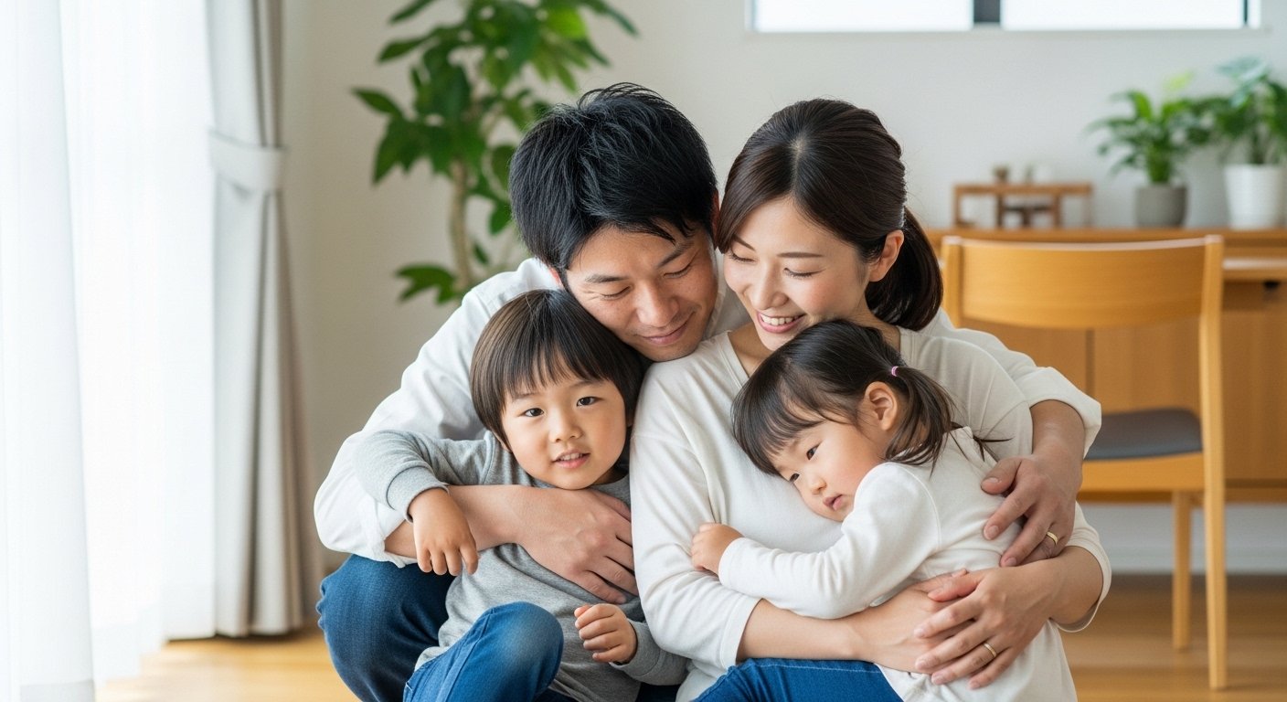 親子が抱きしめ合っている